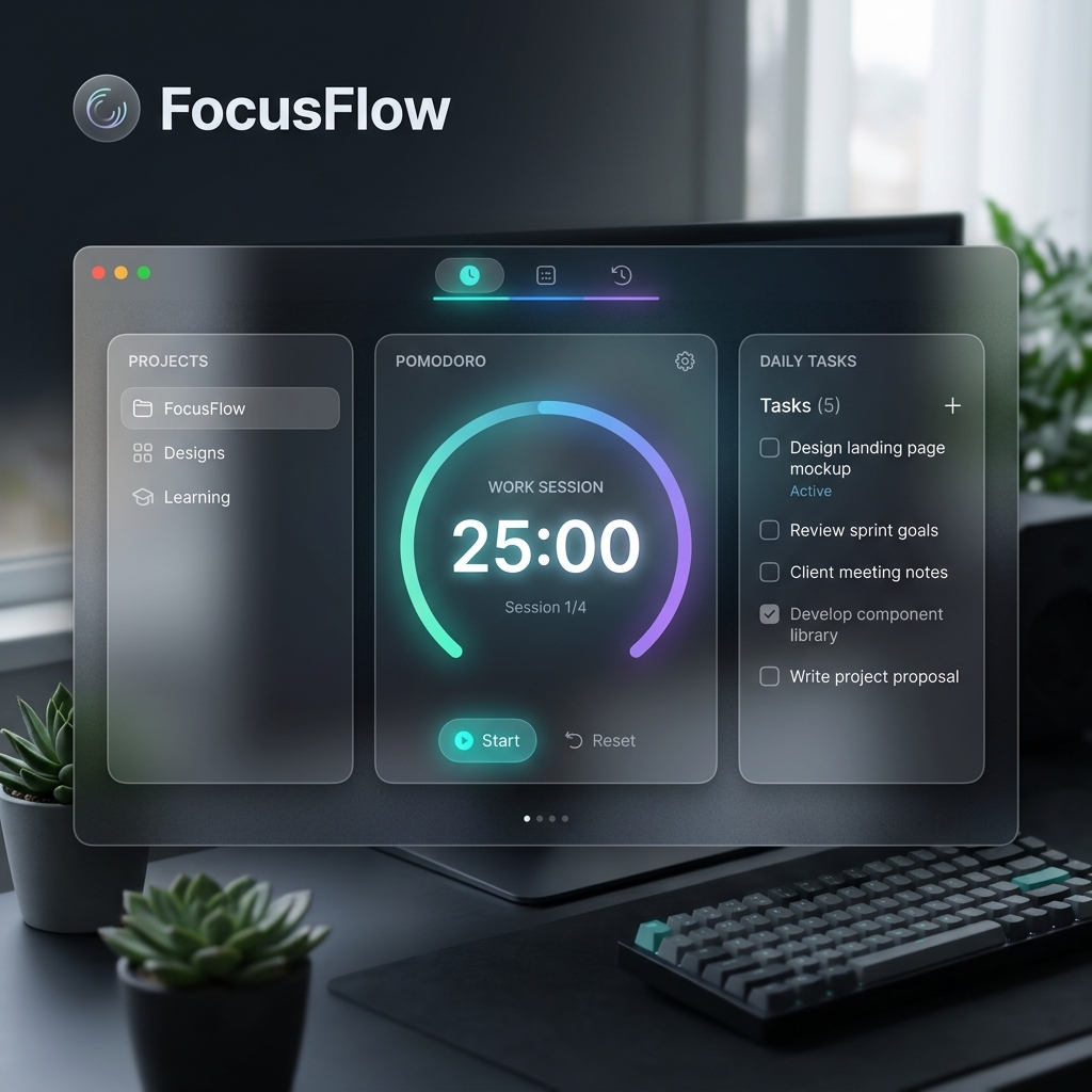 FocusFlow productivity dashboard with Pomodoro timer and task manager